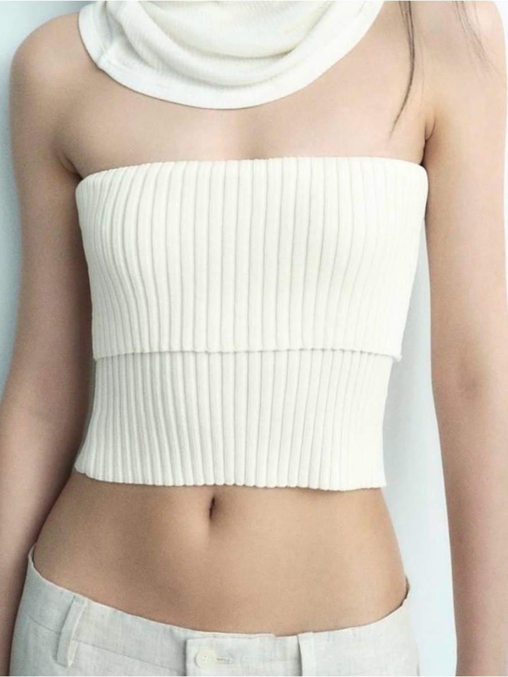 Zara White Ribbed Fold-Over Tube Top
